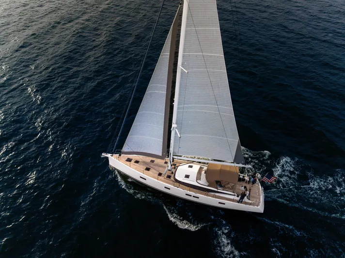 Fortitude Yacht Photos Pics Aerial view of 2021 CNB 66 yacht sailing on open sea.