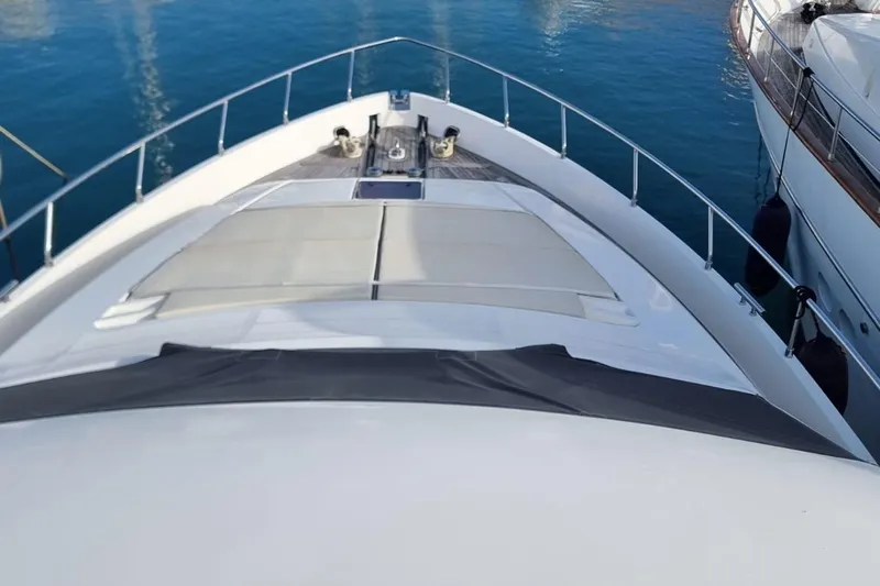 M/y "catherine" Yacht Photos Pics Ferretti Yachts 680, 2002 model, bow view on calm water.