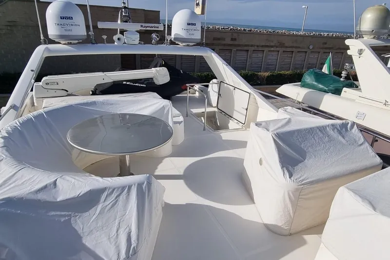 M/y "catherine" Yacht Photos Pics Luxurious 2002 Ferretti Yachts 680 flybridge with covered seating and navigation equipment.