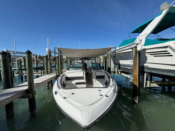 Inception Yacht Photos Pics 2023 Monterey 385 SS boat docked in sunny marina.