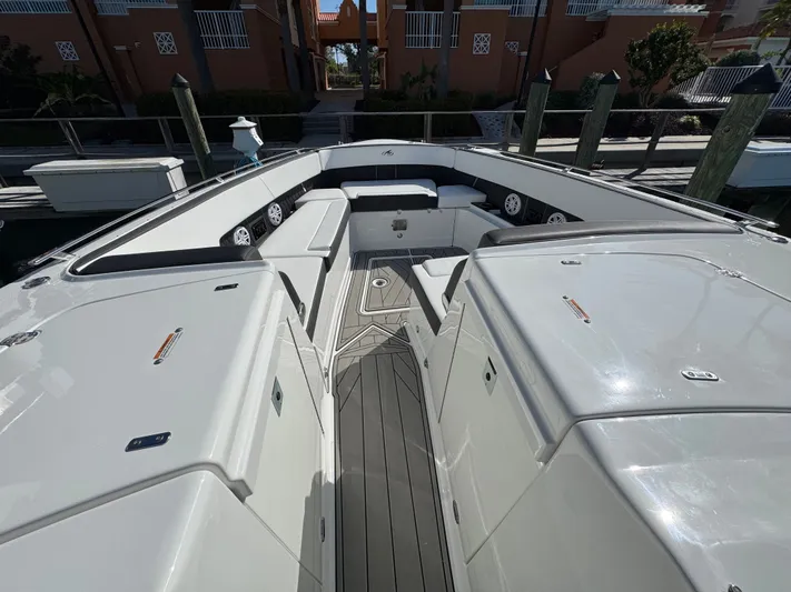 Inception Yacht Photos Pics Interior view of 2023 Monterey 385 SS boat at dock.