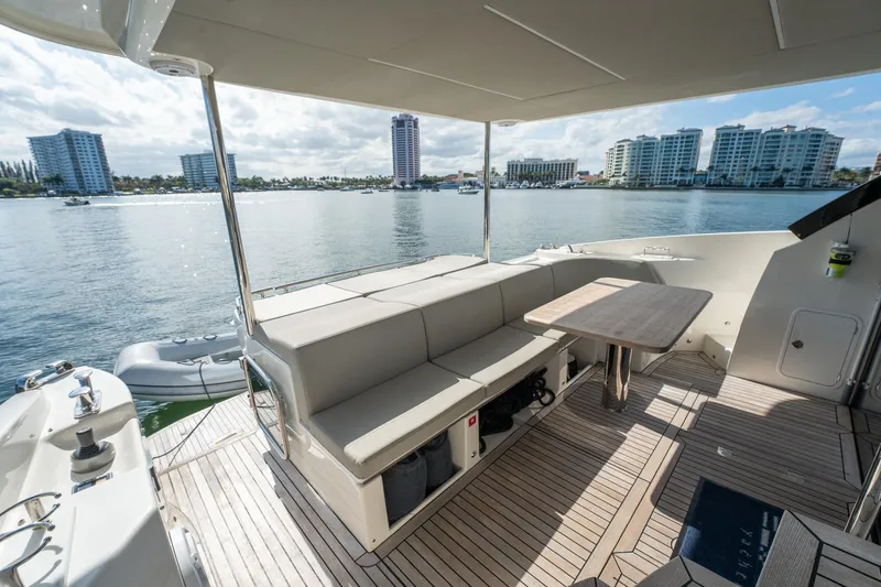 Holy Moly Yacht Photos Pics 2020 Absolute 50 Fly yacht deck with seating, table, and waterfront city view.