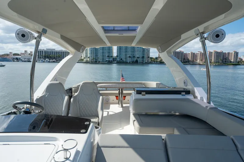 Holy Moly Yacht Photos Pics Luxurious 2020 Absolute 50 Fly yacht interior with waterfront cityscape view.