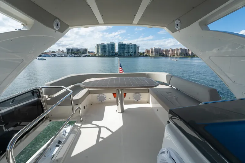 Holy Moly Yacht Photos Pics Flybridge view from 2020 Absolute 50 Fly yacht, overlooking waterfront cityscape.