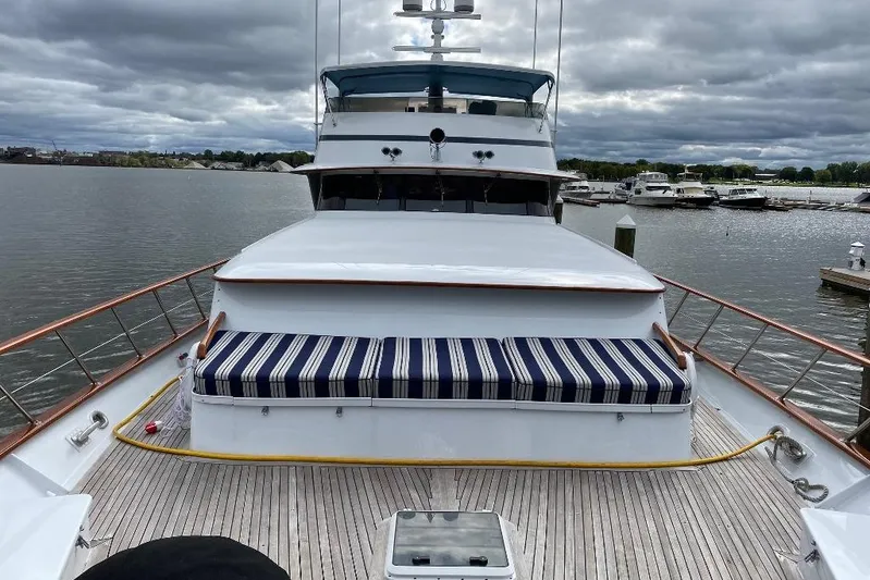  Yacht Photos Pics 1988 Burger 80 Motor Yacht on calm water, featuring striped seating and wooden deck.