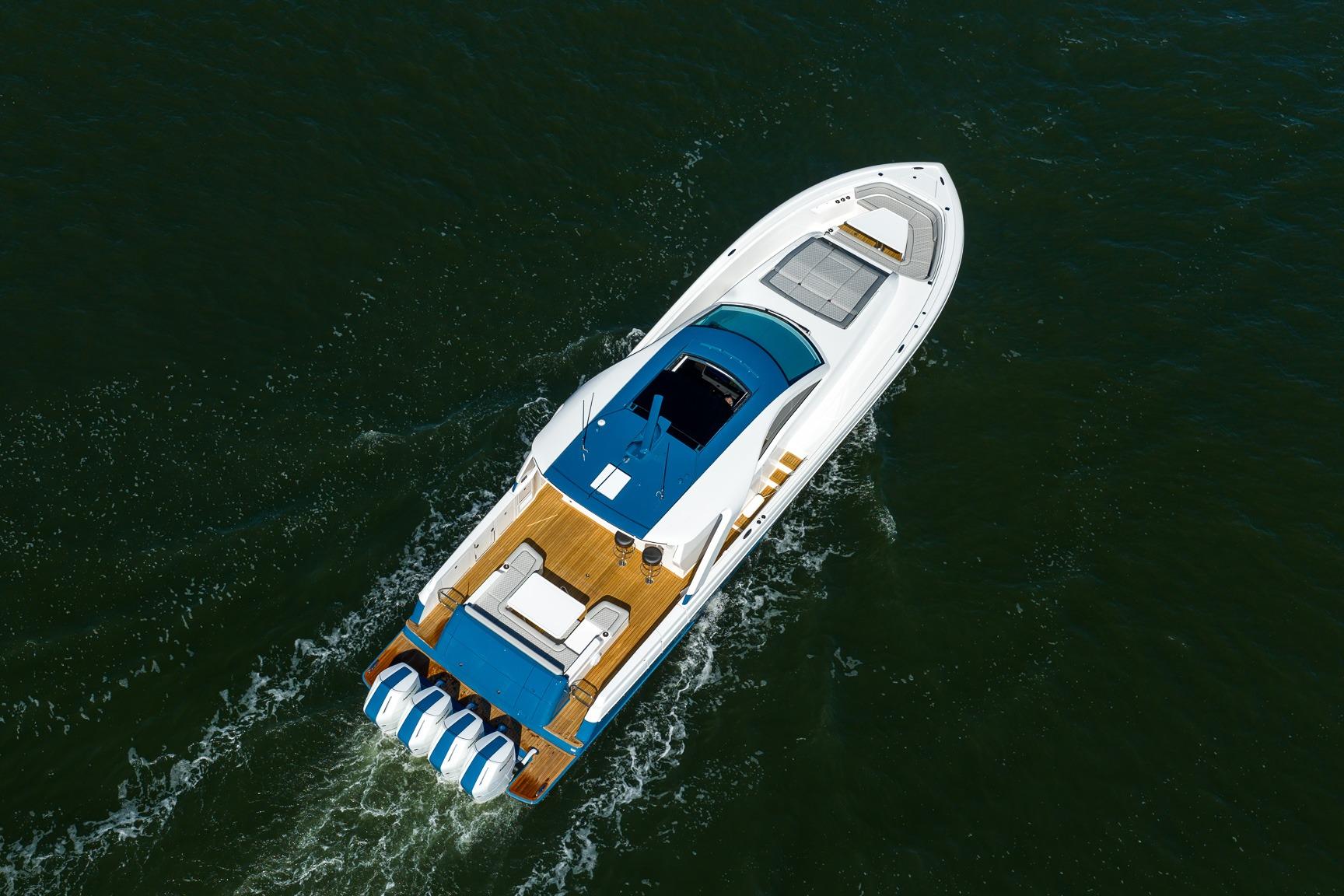 Aerial view of 2026 Valhalla V-55 Sport Yacht cruising on open water.