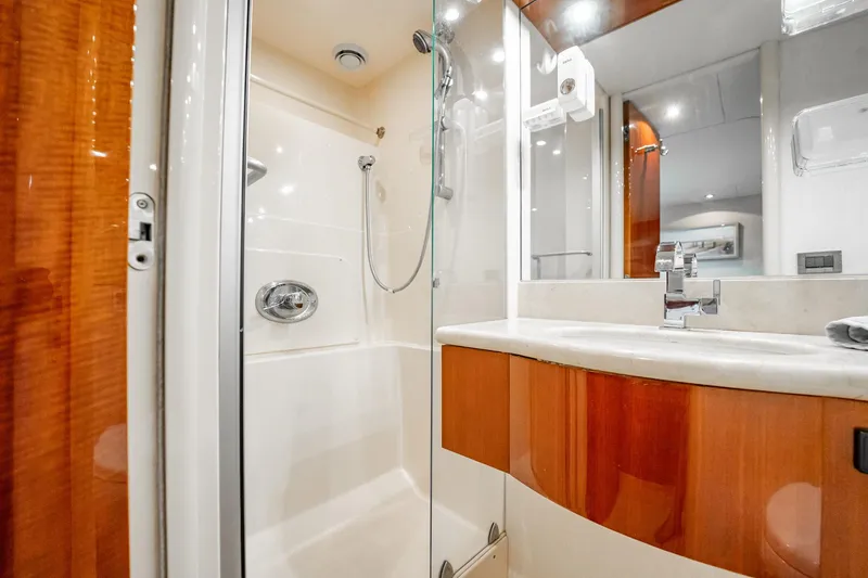 Water Ranch Yacht Photos Pics Luxurious bathroom interior of 2003 Lazzara 80 EB yacht with modern fixtures.