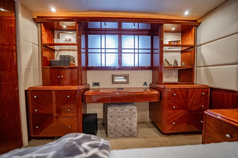 Water Ranch Yacht Photos Pics Luxurious wooden interior of 2003 Lazzara 80 EB yacht with elegant cabinetry and decor.
