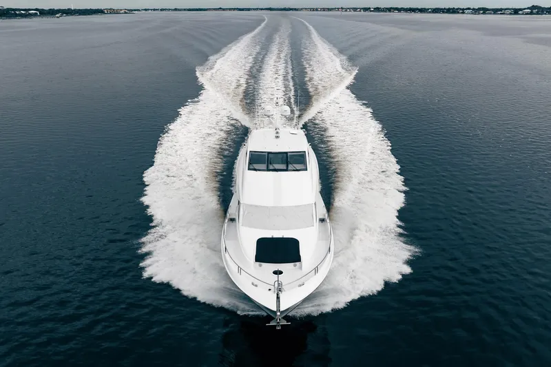 Water Ranch Yacht Photos Pics Aerial view of 2003 Lazzara 80 EB yacht cruising on open water.