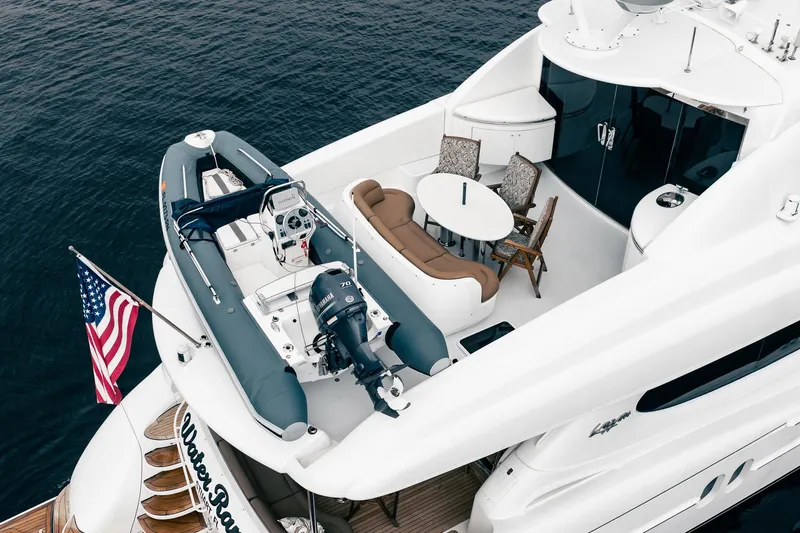Water Ranch Yacht Photos Pics Aerial view of 2003 Lazzara 80 EB yacht deck with seating and tender boat.