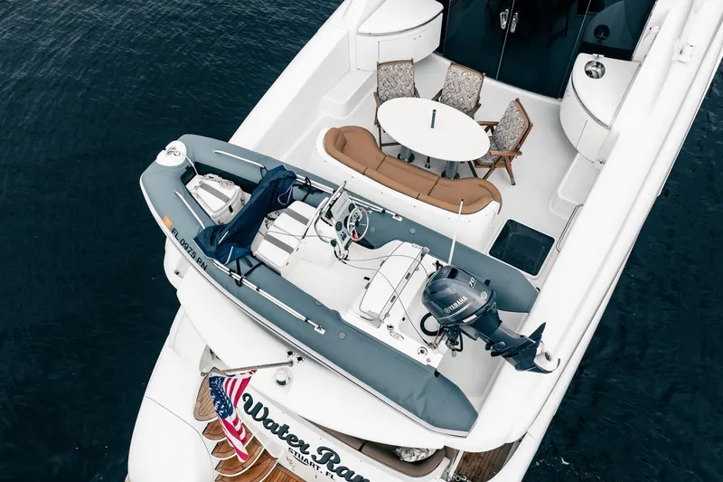 Water Ranch Yacht Photos Pics Aerial view of 2003 Lazzara 80 EB yacht with tender and seating area.