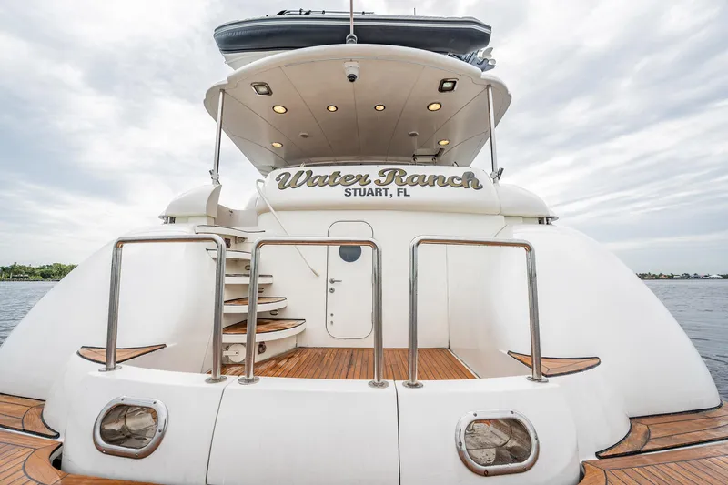 Water Ranch Yacht Photos Pics Luxury yacht Lazzara 80 EB 2003, rear view with elegant deck and stairs.