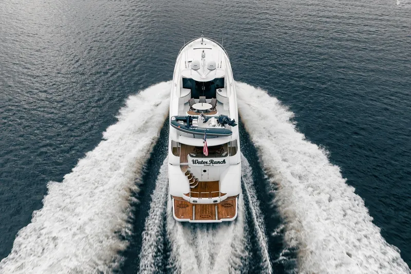 Water Ranch Yacht Photos Pics Aerial view of 2003 Lazzara 80 EB yacht cruising on open water.