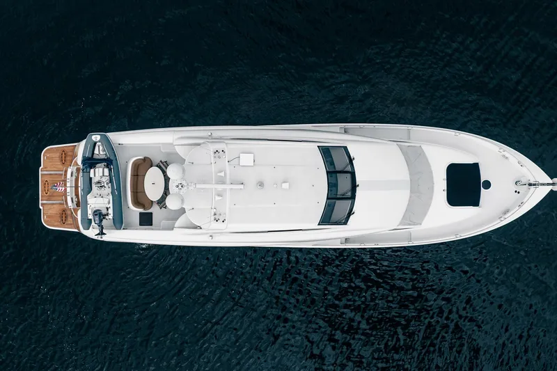 Water Ranch Yacht Photos Pics Aerial view of 2003 Lazzara 80 EB yacht on dark water.