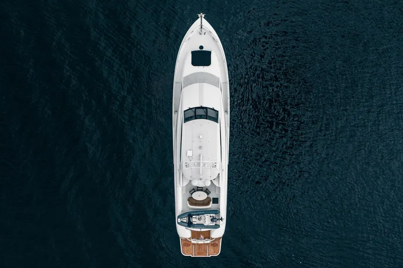 Water Ranch Yacht Photos Pics Aerial view of 2003 Lazzara 80 EB yacht on deep blue water.