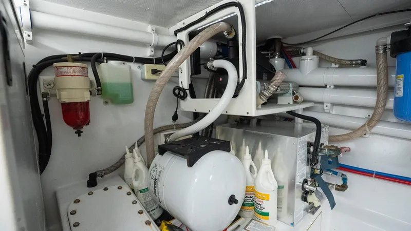 Trident Yacht Photos Pics Engine room of 2015 Maverick Yachts Costa Rica 50, showcasing mechanical components and systems.