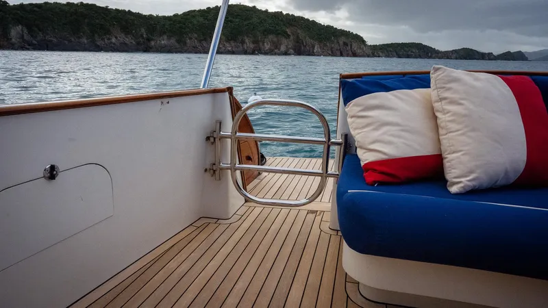 Trident Yacht Photos Pics Luxurious Maverick Yachts Costa Rica 50, 2015 model, with scenic ocean view and plush seating.