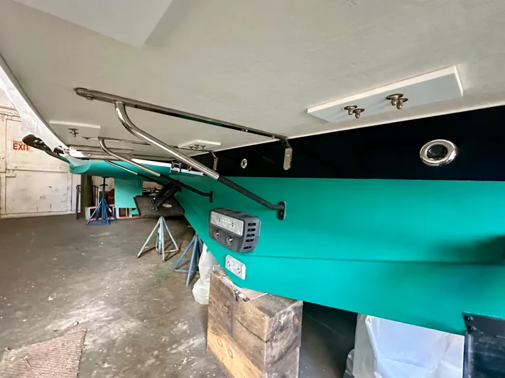 Encore Yacht Photos Pics 2017 Sabre 42 Salon Express boat in storage, showcasing hull and hardware details.