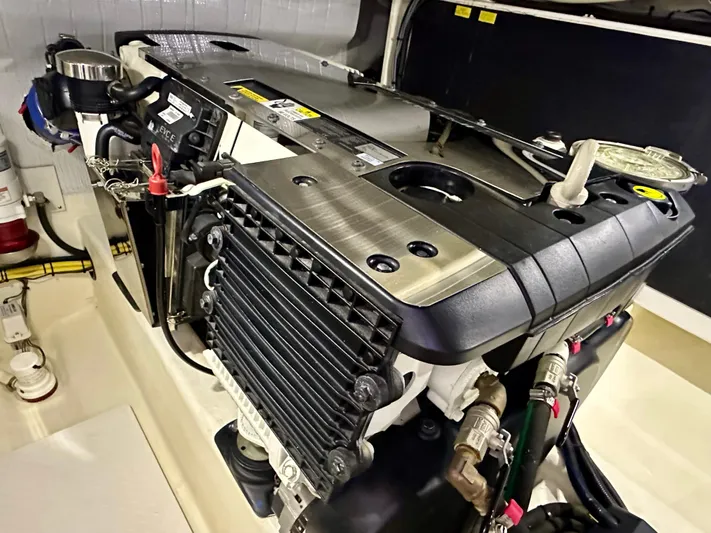 Encore Yacht Photos Pics Engine compartment of a 2017 Sabre 42 Salon Express yacht, showcasing detailed machinery.