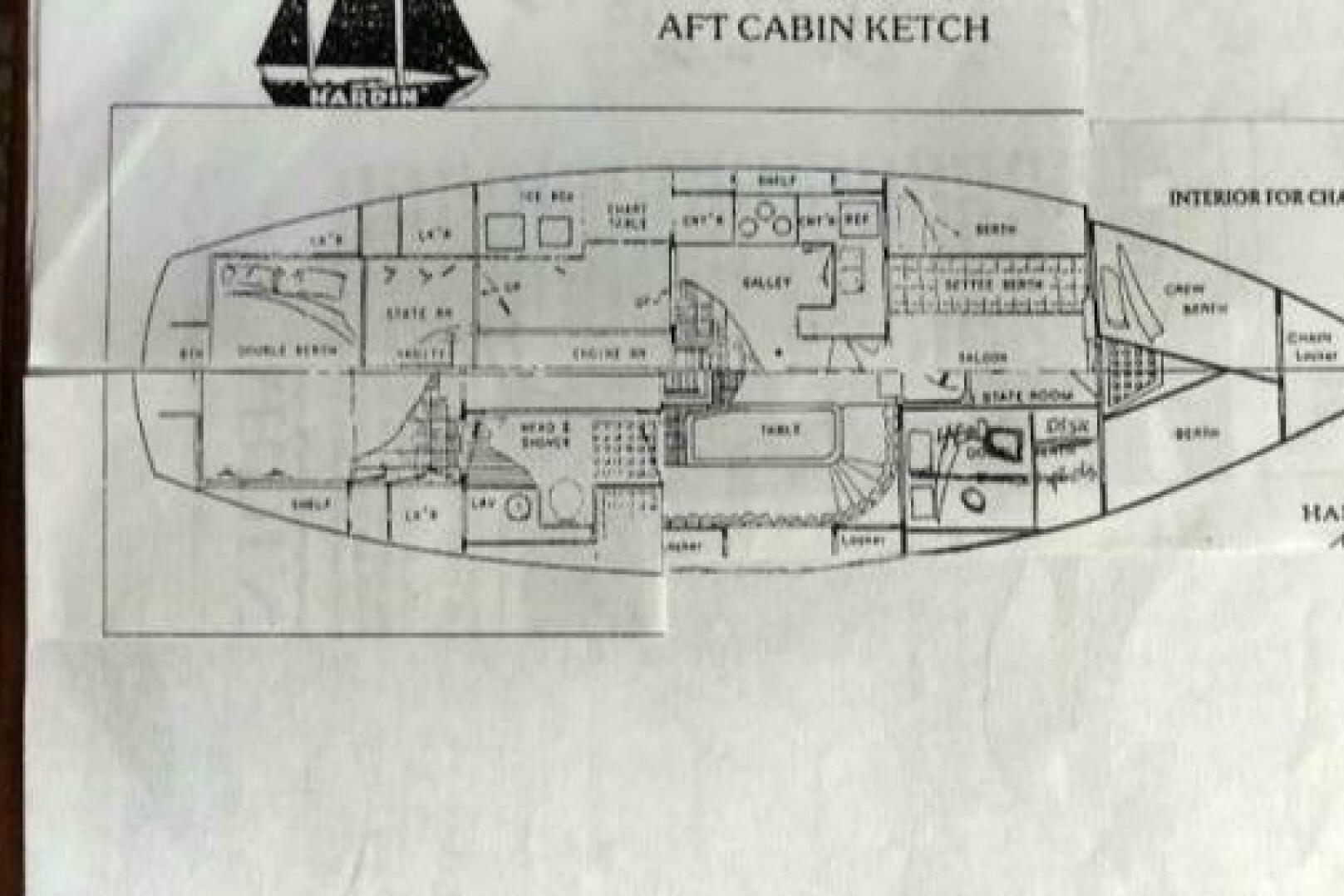 Floor plan of a 1980 Hardin 45 aft cabin ketch sailboat.
