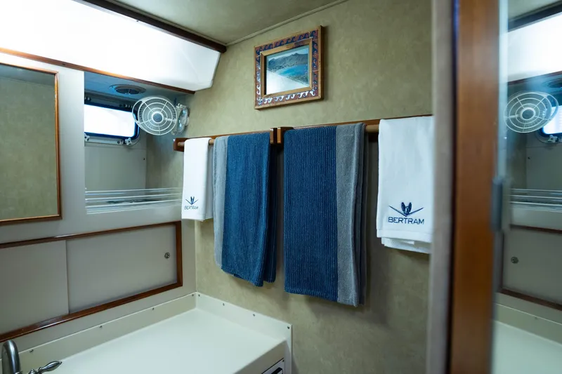 Barefoot Girl Yacht Photos Pics Bathroom interior of 1984 Bertram 35 Convertible yacht with towels and framed artwork.