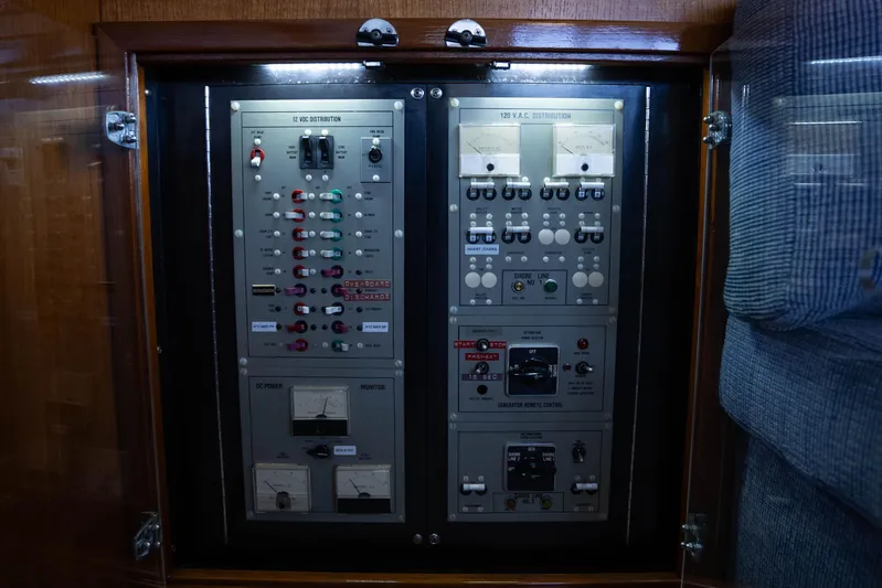 Barefoot Girl Yacht Photos Pics Electrical control panel on a 1984 Bertram 35 Convertible boat.