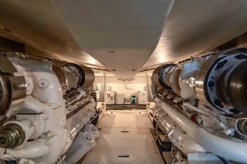 Vimojal II Yacht Photos Pics Engine room of a 2009 Riva 52' le yacht, showcasing dual engines.