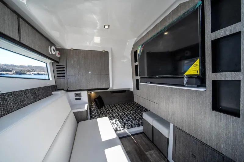  Yacht Photos Pics Interior of 2026 Monterey 378SS Super Sport boat with modern design and large TV.