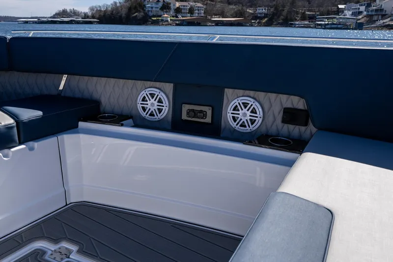  Yacht Photos Pics Interior of 2026 Monterey 378SS Super Sport boat with speakers and seating.