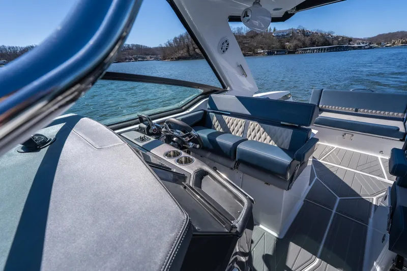  Yacht Photos Pics Interior of 2026 Monterey 378SS Super Sport boat with luxurious seating and modern dashboard.