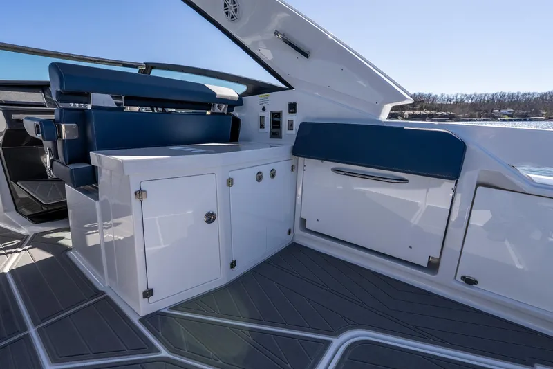  Yacht Photos Pics Interior of 2026 Monterey 378SS Super Sport boat with sleek seating and cabinetry.