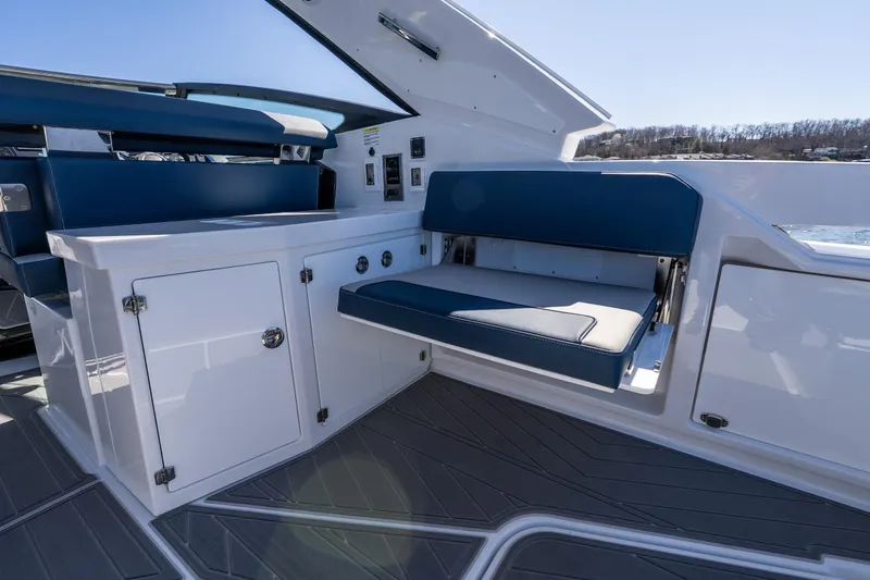 Yacht Photos Pics Luxurious interior of 2026 Monterey 378SS Super Sport boat with sleek seating and cabinetry.