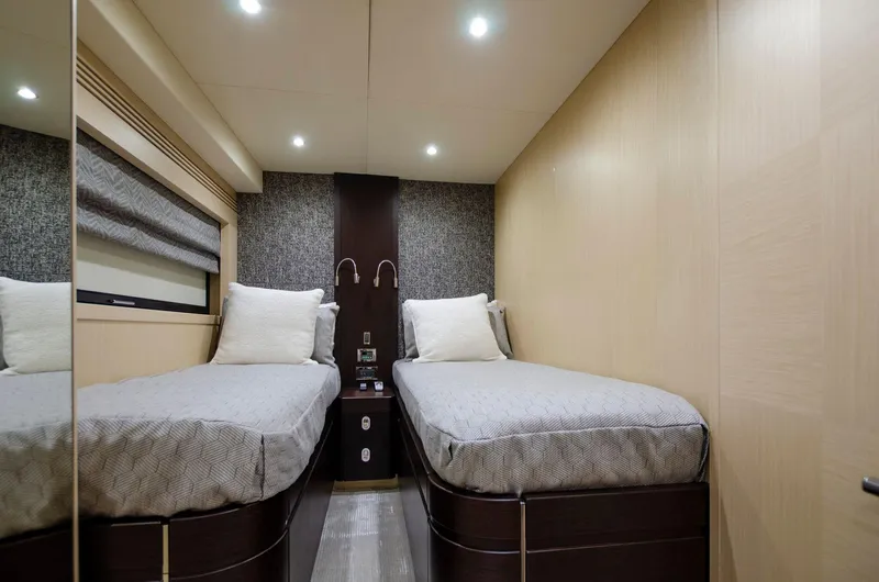  Yacht Photos Pics Twin bedroom in 2018 Sunseeker 75 Yacht with modern decor and ambient lighting.