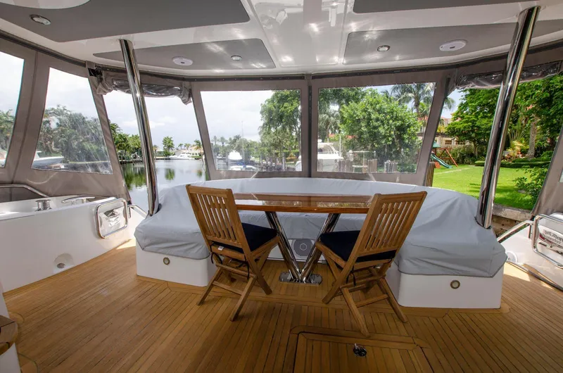  Yacht Photos Pics Sunseeker 75 Yacht 2018 aft deck with wooden table and chairs, enclosed by clear panels.