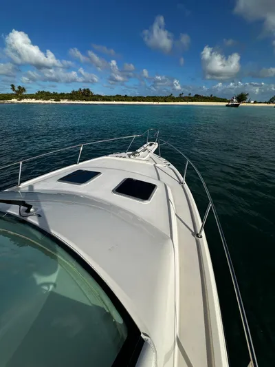  Yacht Photos Pics 2021 Grady-White Express 330 boat on calm water near a sandy beach.