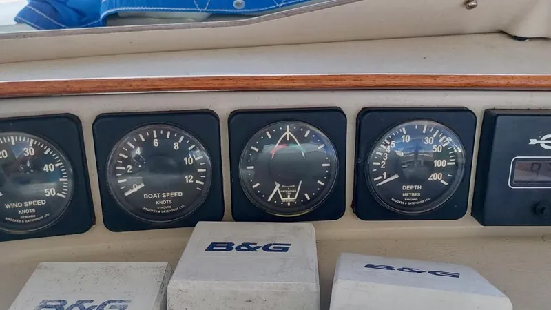 Forever Young Yacht Photos Pics Instrument panel of 2000 Amel Super Maramu yacht with B&G gauges.