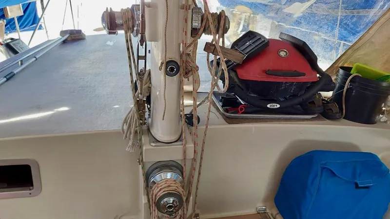 Forever Young Yacht Photos Pics Sailboat deck of 2000 Amel Super Maramu with winches and equipment.