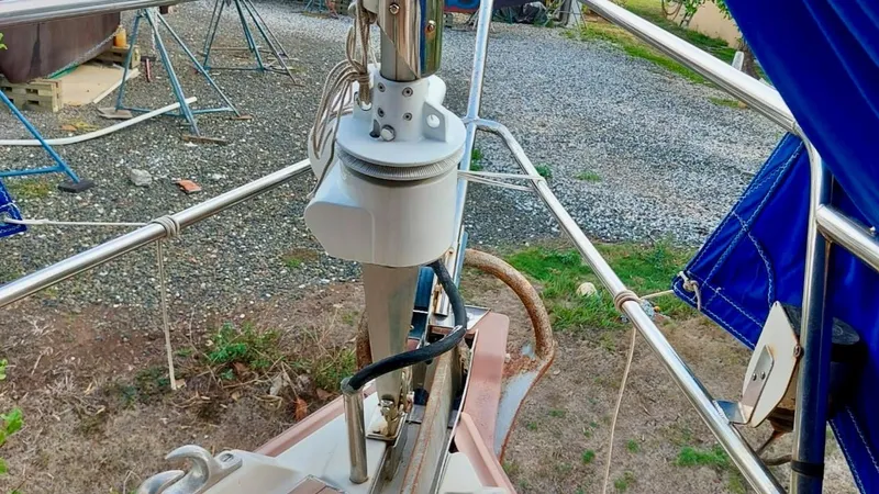 Forever Young Yacht Photos Pics Bow of Amel Super Maramu 2000 sailboat with anchor and rigging details.