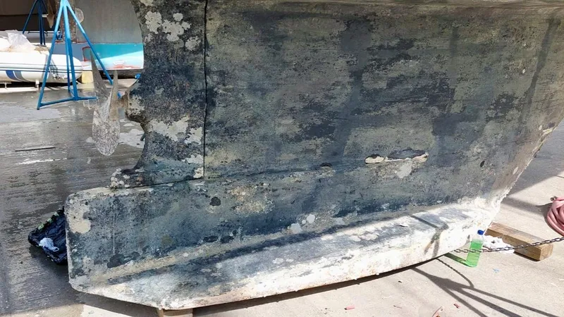 Forever Young Yacht Photos Pics Weathered hull of a 2000 Amel Super Maramu sailboat in dry dock.