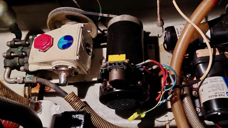 Forever Young Yacht Photos Pics Engine compartment of a 2000 Amel Super Maramu 2000 sailboat, showing mechanical components.