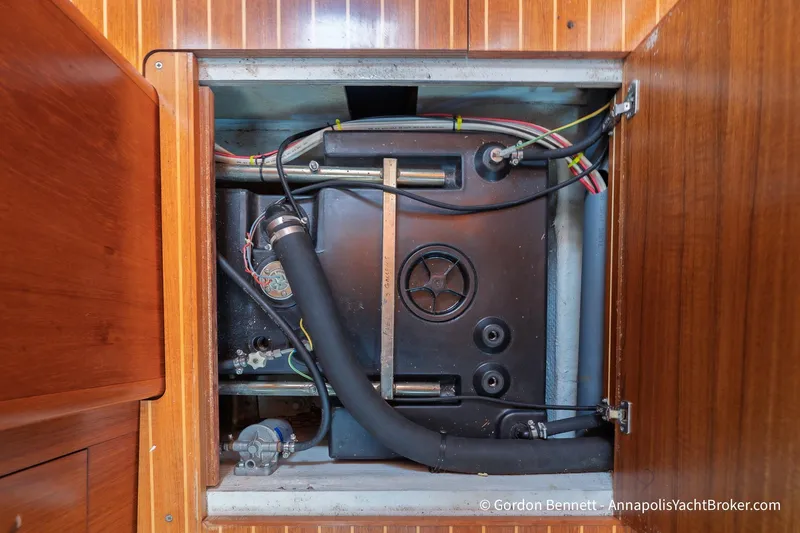 Margaritaville Yacht Photos Pics Engine compartment of 2004 Jeanneau Sun Odyssey 43 DS sailboat, showcasing internal components.