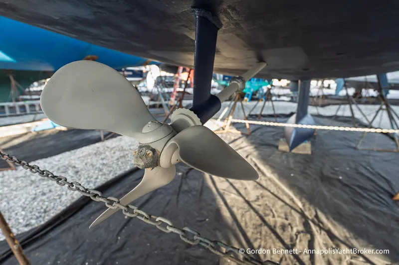 Margaritaville Yacht Photos Pics Propeller of 2004 Jeanneau Sun Odyssey 43 DS sailboat in dry dock.