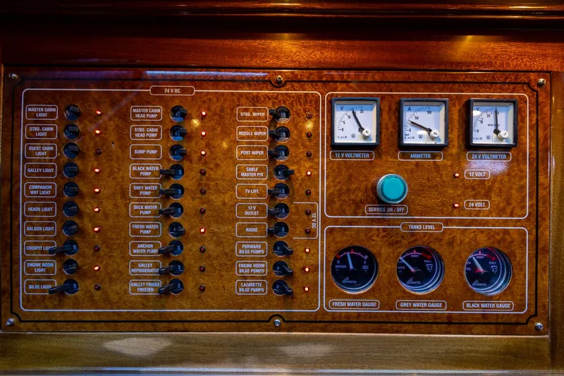 Holly Ann Yacht Photos Pics Control panel of 2010 Vicem 64 Classic yacht with gauges and switches.