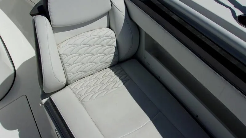  Yacht Photos Pics Luxurious seating on 2022 Crevalle 33 CSF Offshore Fishing boat, featuring elegant upholstery design.