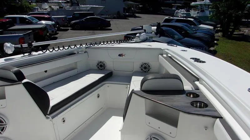  Yacht Photos Pics 2022 Crevalle 33 CSF Offshore Fishing boat interior with seating and storage.
