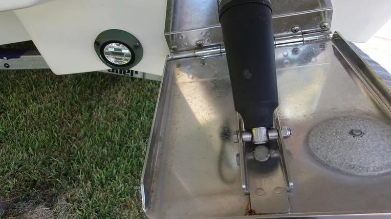  Yacht Photos Pics 2022 Crevalle 33 CSF Offshore Fishing boat trim tab detail.