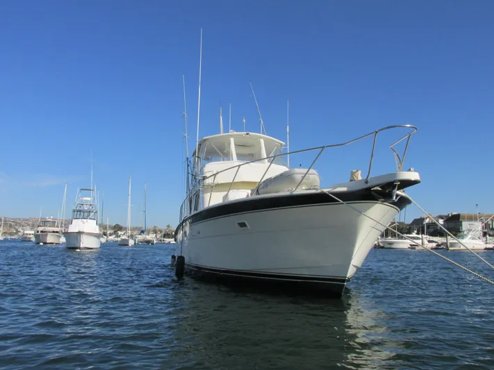 My Way IV Yacht Photos Pics 1987 Hatteras Convertible yacht anchored in a sunny marina.