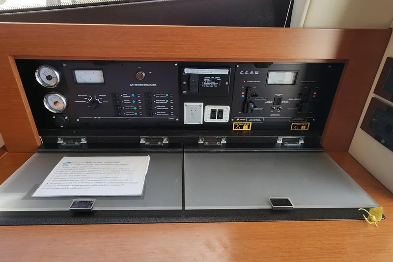  Yacht Photos Pics Control panel of a 2016 Jeanneau Prestige 50 yacht, featuring gauges and switches.