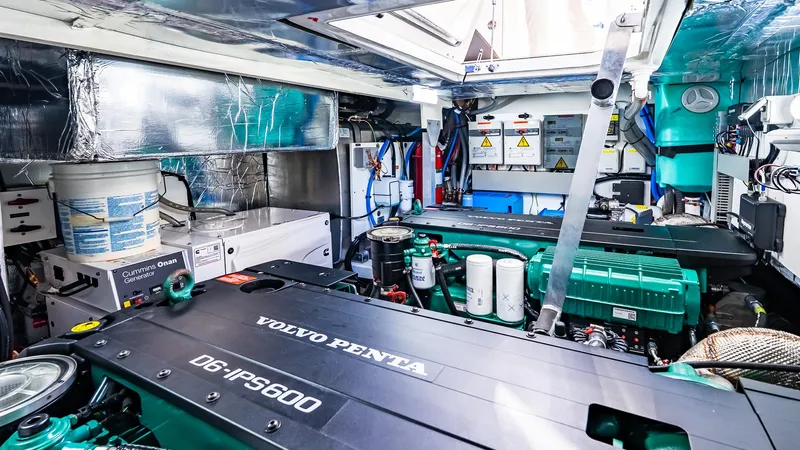  Yacht Photos Pics Engine room of 2022 Prestige 460 Fly yacht with Volvo Penta engines.