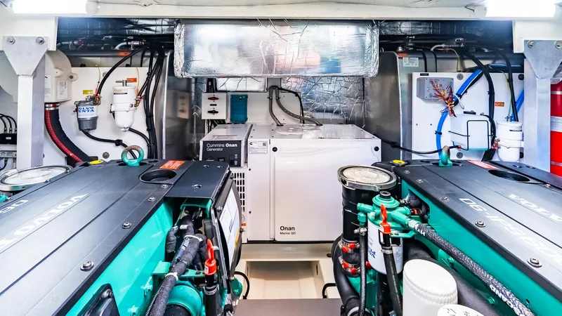  Yacht Photos Pics Engine room of 2022 Prestige 460 Fly yacht with dual engines and generator.